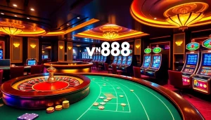 Experience a thrilling game at vn88 with vibrant casino tables, chips, and roulette wheels.