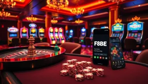 Experience thrilling gameplay at F8BET with this luxurious casino scene featuring roulette and slot machines.