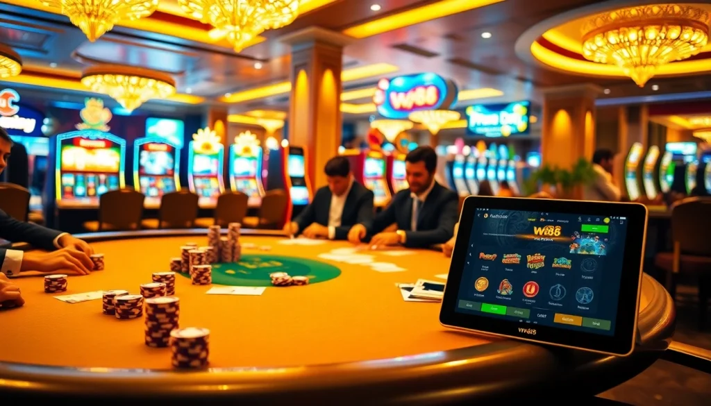 W88 players enjoying a luxurious poker experience with vibrant casino visuals.