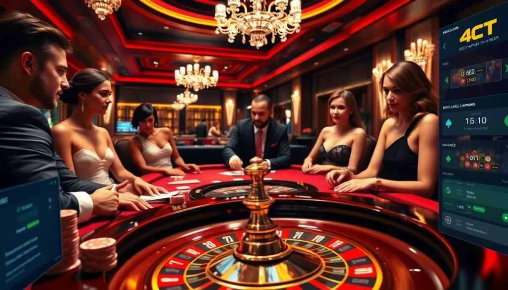 Tương tác với Bet VIP khi chơi tại bàn casino sang trọng được bao quanh bởi các yếu tố trò chơi sống động.