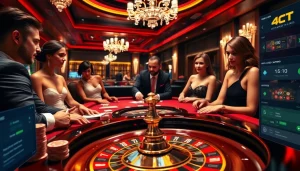 Tương tác với Bet VIP khi chơi tại bàn casino sang trọng được bao quanh bởi các yếu tố trò chơi sống động.