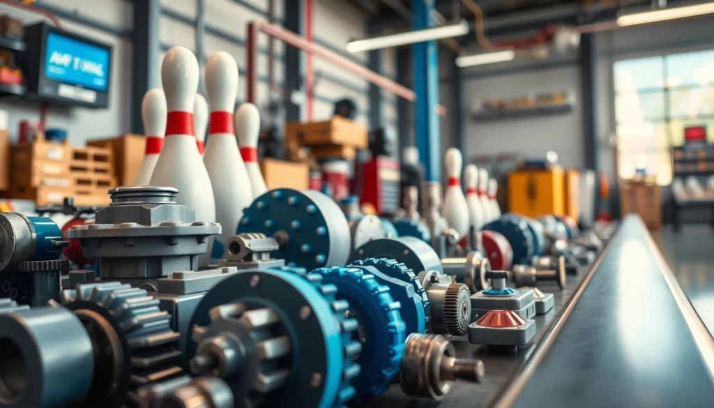 Bowling parts for AMF including pinsetter components and gears in a professional workshop.
