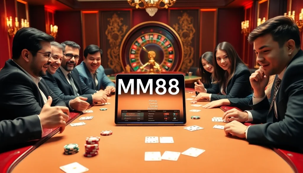 MM88 players engaging around a luxurious poker table with colorful chips and cards.