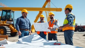 Workers collaborating on the DAS 142 form at a construction site, with blueprints and tools.