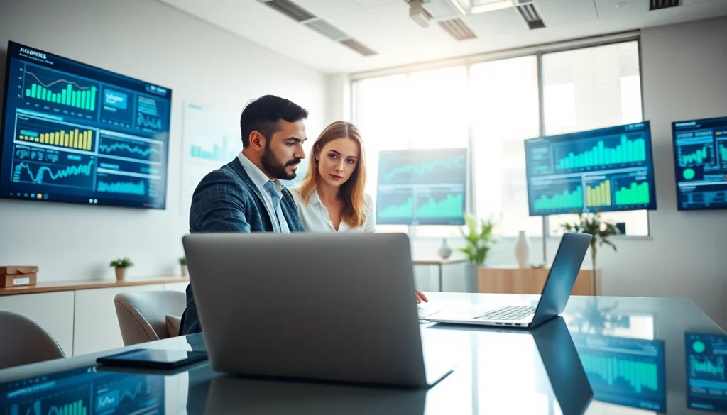 Engaged professionals conducting competitive intelligence analysis in a dynamic, modern office.