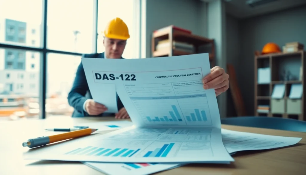 Contractor examining das 142 form in a professional office environment with construction elements.