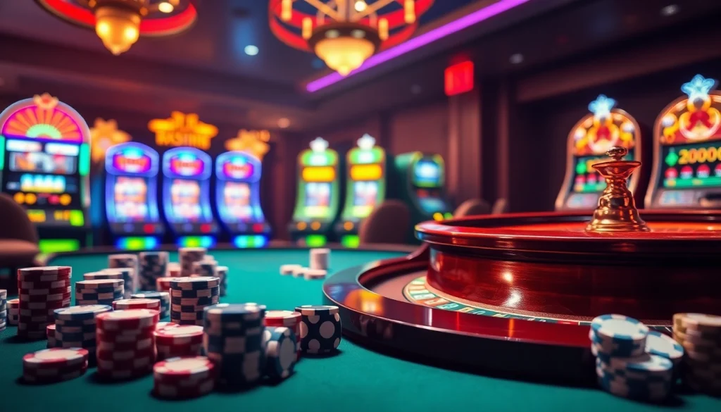 Thrilling casino atmosphere at https://rr88.wales/ with poker chips and a roulette wheel in a vibrant setting.