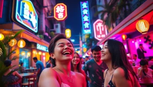 Experience the vibrant 다낭밤문화 with lively street scenes, neon lights, and festive crowds enjoying nightlife.