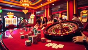 Players enjoying a thrilling game night at shbet88 casino with vibrant poker tables and slot machines.