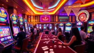 Engaging scene of a casino featuring diverse players and vibrant slot machines for slot bet kecil.