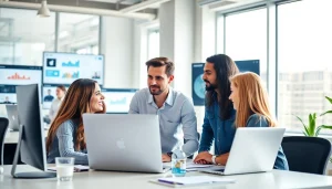 Engaging collaboration of a social media agency team analyzing strategies in a dynamic workspace.