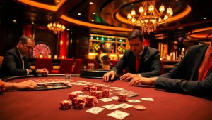 Tham gia trải nghiệm chơi đầy kịch tính tại bet vip với bộ chip poker sống động và những lá bài trong một casino sang trọng.