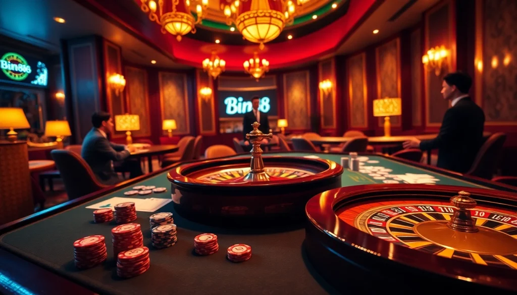 Bin88 casino scene featuring poker chips and an engaged dealer in a luxurious environment.
