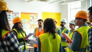 Engaging construction safety training session showcasing participants' involvement and safety equipment.