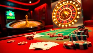 MM88 casino scene showcasing poker chips and a roulette wheel in a luxurious setting.