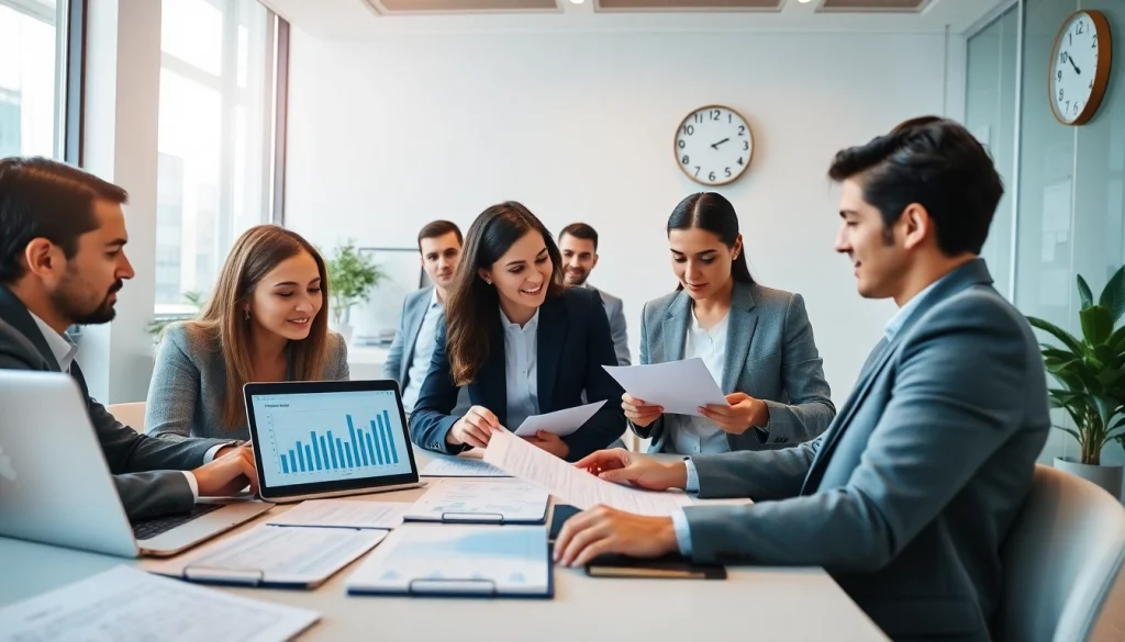 VAT Return Filing discussed by diverse business professionals in a modern office.