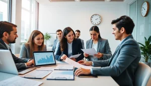 VAT Return Filing discussed by diverse business professionals in a modern office.