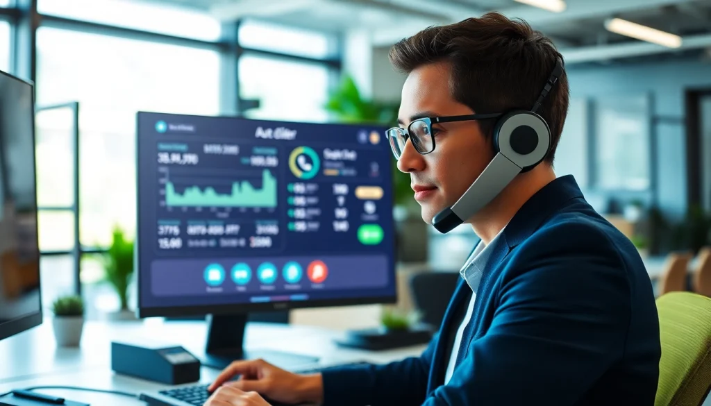 Engaging call center agent using an auto dialer in a professional office.