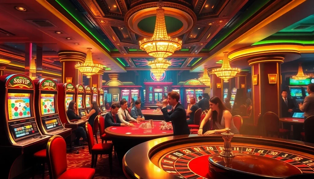 S88 VIP gamblers enjoying high-stakes action at luxury casino tables with vibrant slot machines.