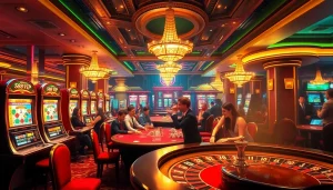 S88 VIP gamblers enjoying high-stakes action at luxury casino tables with vibrant slot machines.