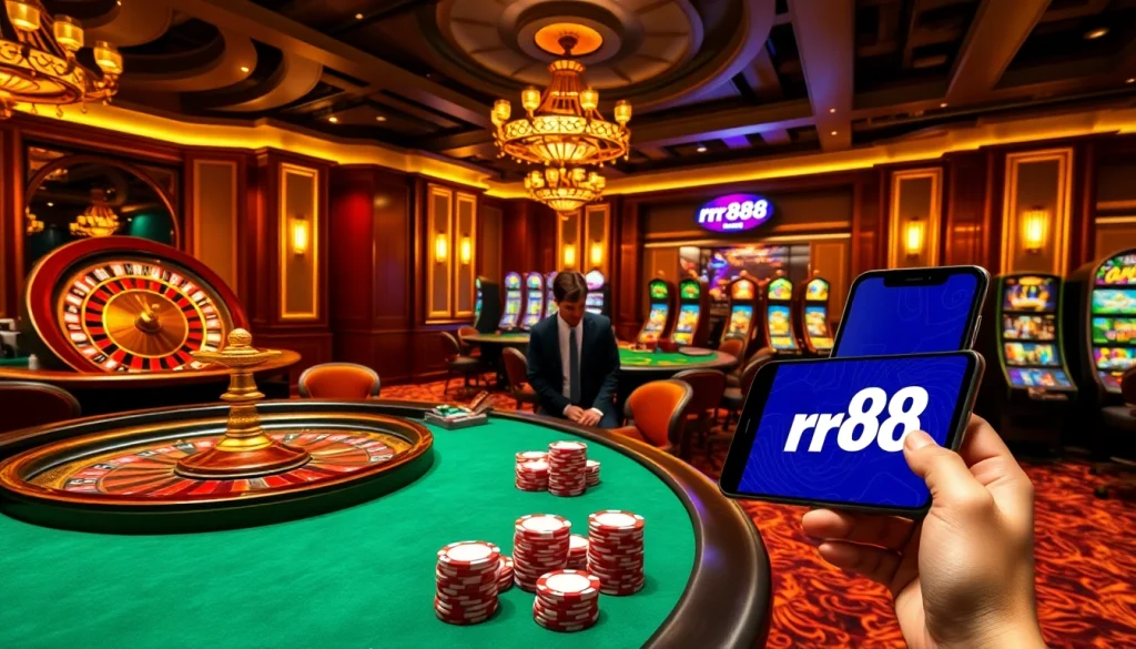 Experience the thrilling atmosphere of rr88 with an exciting casino scene featuring vibrant games and players.