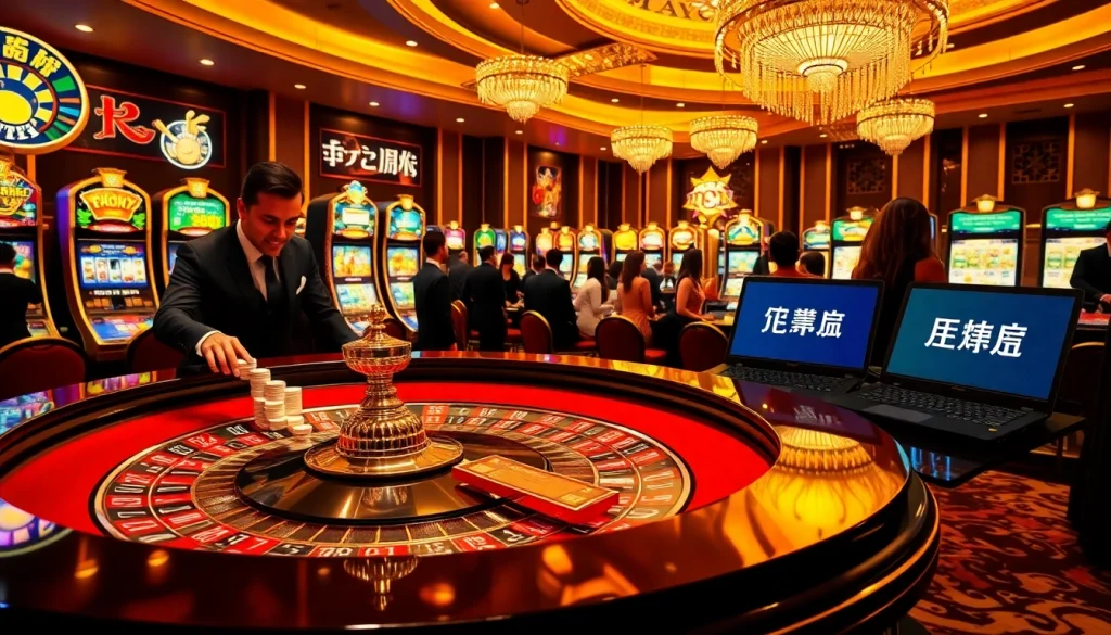 Experience the thrill of here, featuring a glamorous roulette table and lively players in a luxurious casino.