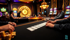 Người chơi ăn mừng chiến thắng tại bàn casino sang trọng của tik 88 với các trò poker và roulette.