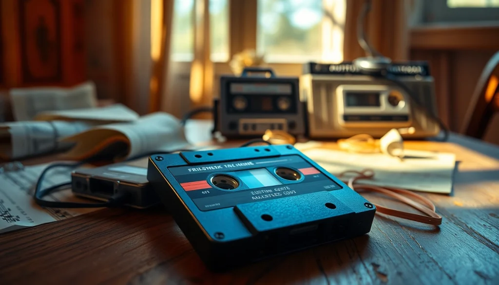 Capture an audio cassette on a vintage surface, surrounded by music notes and a retro player.