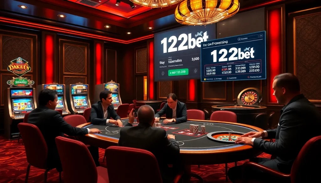Engaging poker players at a luxurious casino table showcasing 12bet excitement.