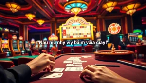 Nếu như vậy bám vào đây, players placing bets at a lively casino table with vibrant slot machines in the background.