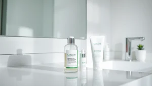 Att hantera fet hud eller oljig hud med hudvårdsprodukter på ett sminkbord.