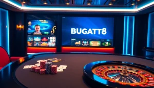 Experience excitement with Bugatti8 at a luxurious online casino table featuring vibrant poker chips and roulette wheel.