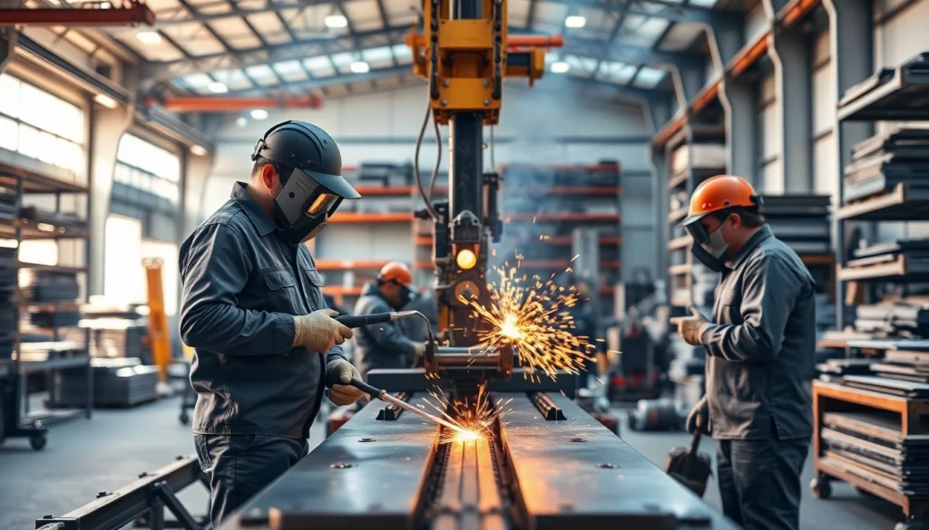 Steel fabricators near me engaged in metalworking, highlighting craftsmanship and industrial environment.