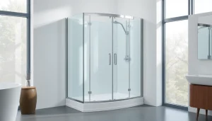 Duschkabine 90x90 in modernem Badezimmer mit eleganten Glasdetails.