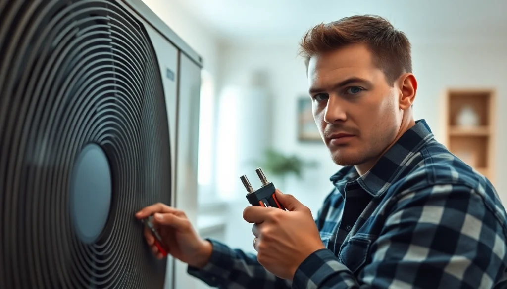 Technician conducting heat pump repair patterson service in a residential area.