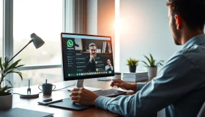 展示了 WhatsApp Web 的互动工作区，凸显现代沟通。