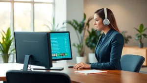 AI Receptionist efficiently handling calls in a modern office setting with focus on interaction.