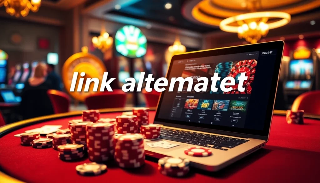 Engaging scene showcasing link alternatif sbobet with poker chips and a vibrant casino atmosphere.