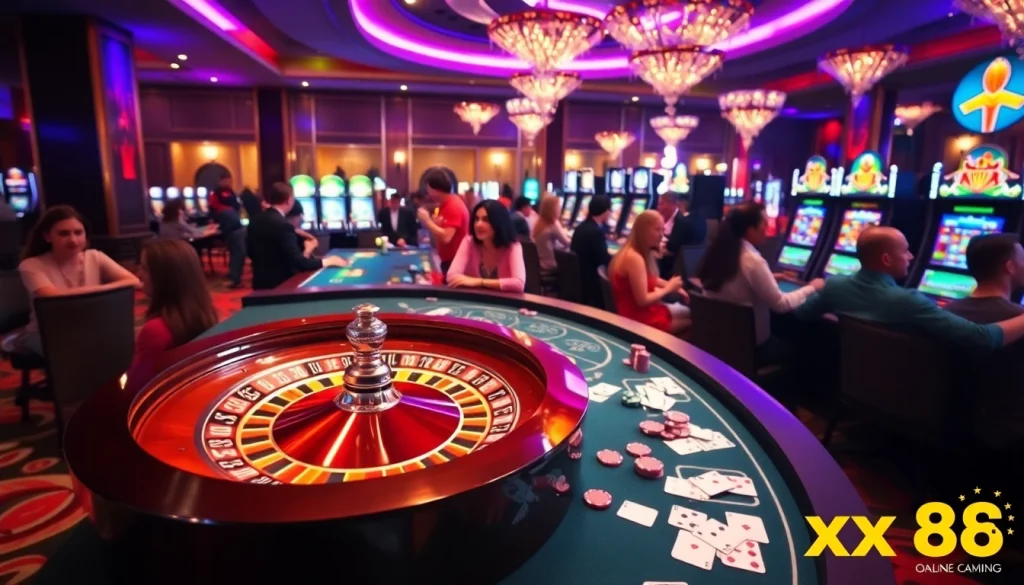 A lively casino scene showcasing players enjoying xx88 kjc games with vibrant tables and spinning roulette wheels.