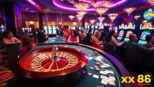 A lively casino scene showcasing players enjoying xx88 kjc games with vibrant tables and spinning roulette wheels.