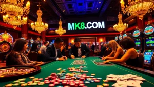 Exciting poker action at MK8.COM casino with vibrant chips and illuminated roulette tables.
