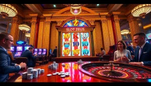 Pemain yang terlibat memutar mesin Slot Zeus di kasino yang ramai.