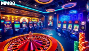 Gamblers engaging in thrilling MM88 online casino games with vibrant slot machines and a roulette wheel.