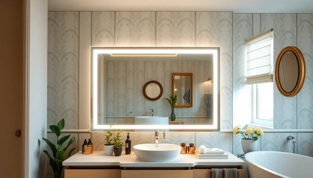 Showcasing an elegant bathroom mirror surrounded by chic decor and warm lighting.