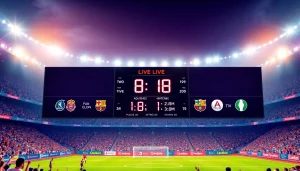Real-time football match updates with ผลบอลสด7m prominently displayed on an energetic stadium scoreboard.