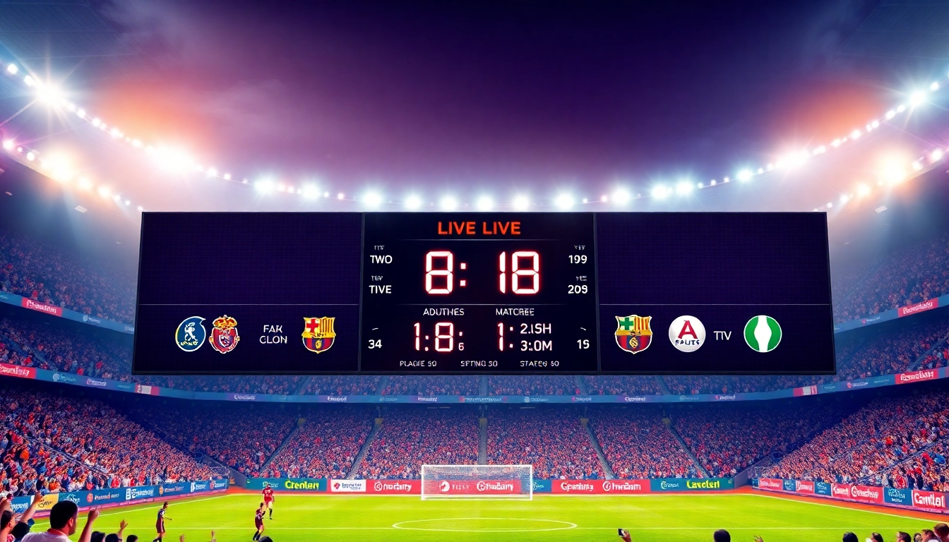 Real-time football match updates with ผลบอลสด7m prominently displayed on an energetic stadium scoreboard.