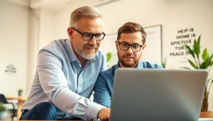 A business coach near me guiding a client in a vibrant office environment.