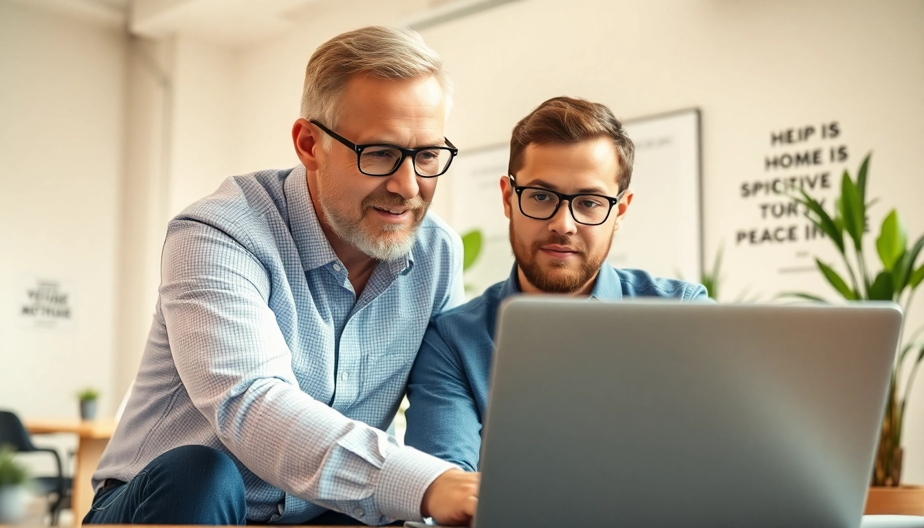 A business coach near me guiding a client in a vibrant office environment.