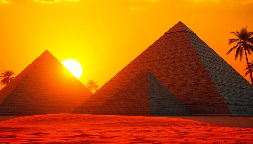 Piraminds standing majestically against a sunset backdrop, highlighting ancient architecture.