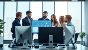 Managed it service team collaborating in a modern office, showcasing teamwork.